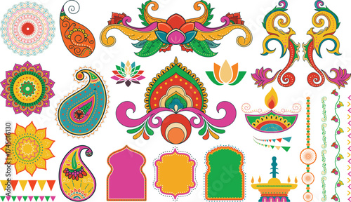 Colorful Indian Diwali Ornament Vector Set – Traditional Festival Decorative Elements with Paisley, Mandala, and Lotus Motifs