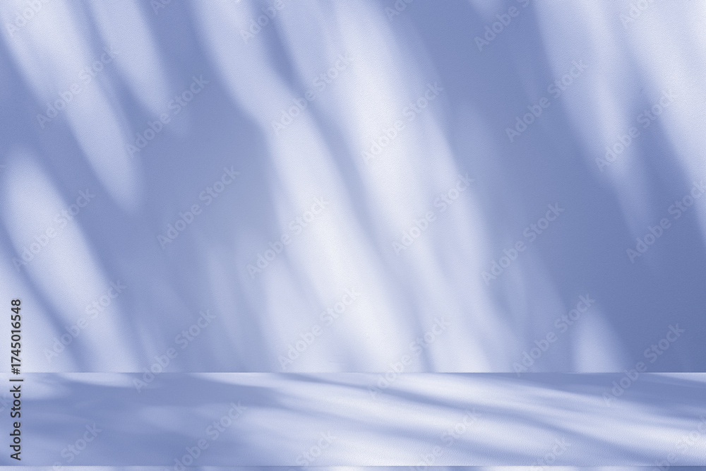 Fototapeta premium Wall interior background, studio and backdrops show products. with soft light shadow from window color blue and white. background for text insertion and presentation of product 