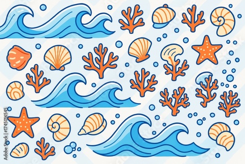 Creative seamless pattern with ocean waves, seashells, coral, and sea stars on a light blue background showing playful marine life elements. Ai generative
