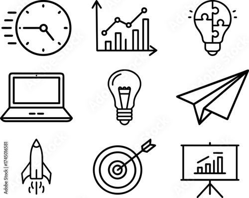 A collection of nine business-related icons, including a clock, graph, lightbulb, laptop, rocket, target, and more. Each icon represents a different aspect of business and entrepreneurship