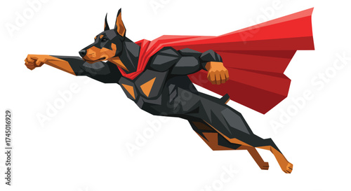 Doberman Pinscher Superhero Flying with Red Cape.