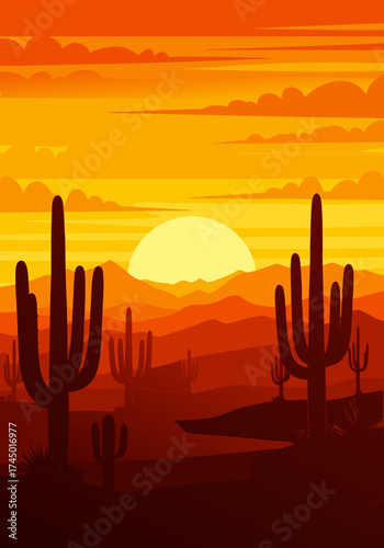 Stylized Vector Desert Sunset with Bold Saguaro Cacti Silhouettes Against a Gradient Sky and Distant Hills