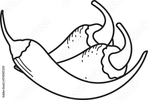 Line Art Illustration of Two Chili Peppers. Spicy Vegetable Outline Drawing for Food Concepts.