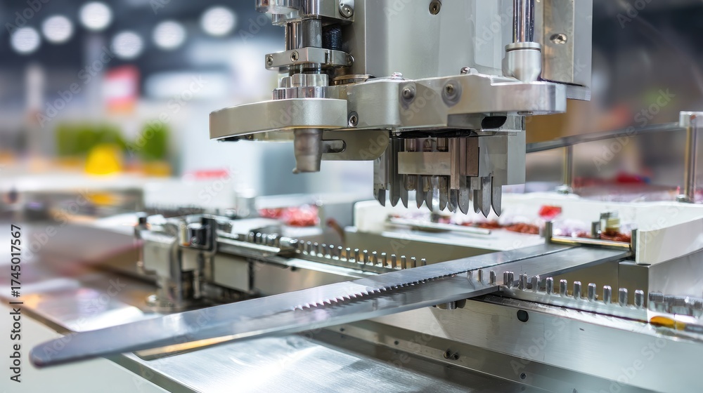 Fototapeta premium High-Precision Industrial Machine Part in a Modern Manufacturing Facility with Advanced Technology Displayed in Focus