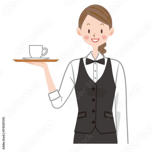 カフェの店員　コーヒーを運ぶ飲食店の店員のイラスト
