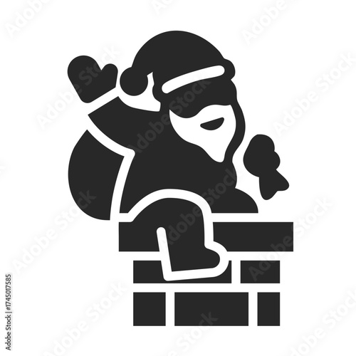 Santa Claus solid icon climbing up chimney for Christmas holiday design.