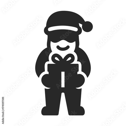 Santa Claus solid icon holding gift box for Christmas holiday and festive design.