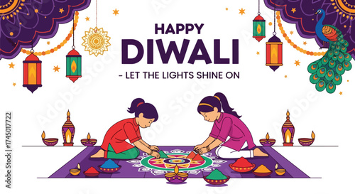 illustration of children creating a colorful rangoli with diyas and lanterns during Diwali, celebrating creativity, light, and joy in the festival of lights