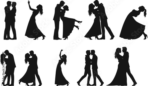 Romantic couple silhouettes, dancing poses illustration, wedding love artwork, ballroom dance vector, black relationship graphics, passion icons, affectionate couple design, celebration art