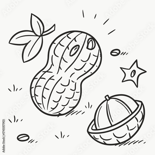 A whimsical hand drawn illustration of a smiling peanut character with leaves and a basket of peanuts on a white background