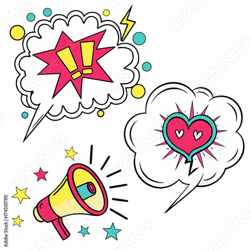 Colorful pop art style speech bubbles featuring exclamation marks heart and megaphone with stars and circles on white background