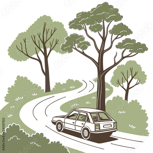A white car drives along a winding road through a lush green landscape with large trees and bushes