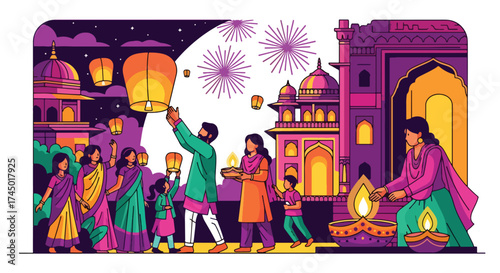 flat style illustration of people celebrating Diwali with lanterns, fireworks, and diyas near illuminated Indian temples, representing joy, tradition, and the spirit of the festival of lights