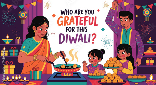 flat style illustration of a happy family celebrating Diwali with sweets, lanterns, and gifts, sharing gratitude, love, and togetherness during the festival of lights