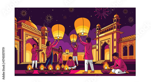 flat style illustration of people celebrating Diwali with lanterns, fireworks, and diyas near illuminated Indian temples, representing joy, tradition, and the spirit of the festival of lights