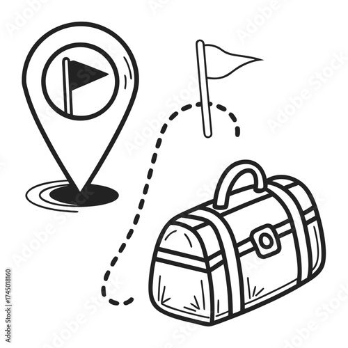 Travel concept illustration showing a location pin a dotted line path and a duffel bag representing a journey or adventure