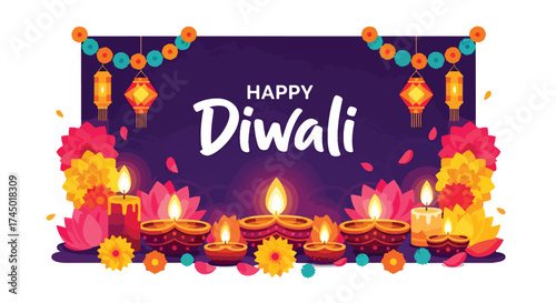 flat illustration of Happy Diwali greeting with glowing diyas, candles, marigold flowers, and hanging lanterns, celebrating the festival of lights with warmth, beauty, and festivity