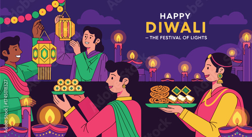 flat style illustration of people celebrating Diwali with lanterns, sweets, and oil lamps near a decorated altar, symbolizing joy, togetherness, and the festival of lights for festive greetings