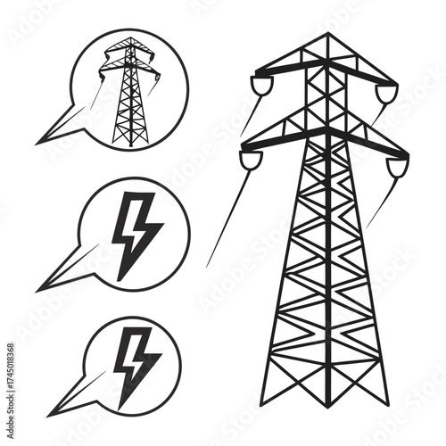 Vector illustration of a power transmission tower with speech bubbles containing a lightning bolt symbol and a smaller tower icon
