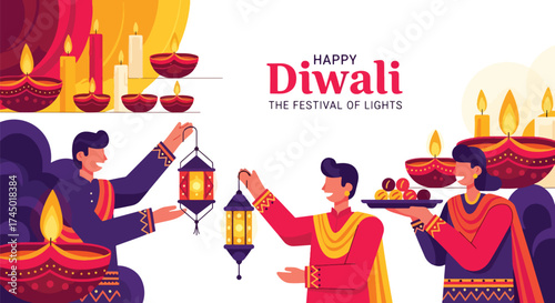 flat style illustration of people celebrating Diwali with lanterns, sweets, and oil lamps near a decorated altar, symbolizing joy, togetherness, and the festival of lights for festive greetings