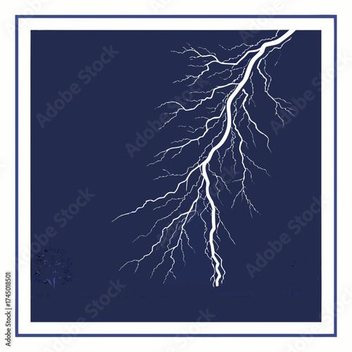 A dramatic white lightning bolt strikes down from the sky against a dark blue background with a stylized tree silhouette on the left