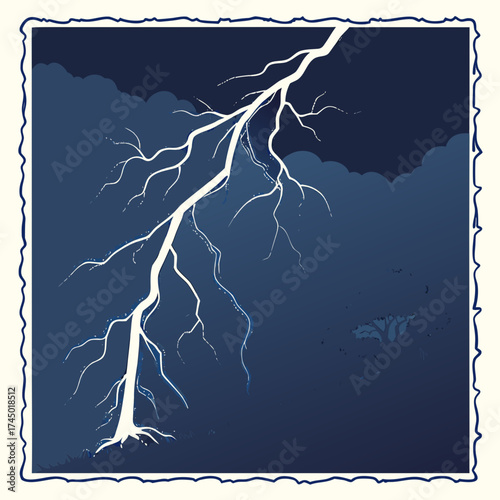 A dramatic white lightning bolt cracks through a dark stormy sky with ominous clouds and a hint of a silhouetted tree below