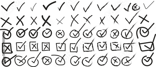 Collection of hand drawn check marks and circles various styles for approval or rejection