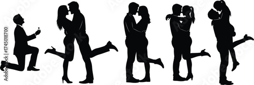 Romantic couple silhouettes, love poses illustration, proposal and kiss artwork, embracing couples vector, black relationship graphics, passion design, wedding romance icons