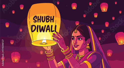 flat illustration of an Indian woman releasing a sky lantern with “Shubh Diwali” message, celebrating the festival of lights with joy, tradition, and spiritual warmth