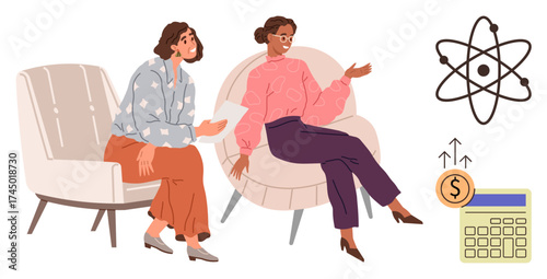 Two women in conversation on armchairs, discussing analysis and progress. Atomic structure, calculator, and currency highlight themes. Ideal for collaboration, science, economy, teamwork innovation