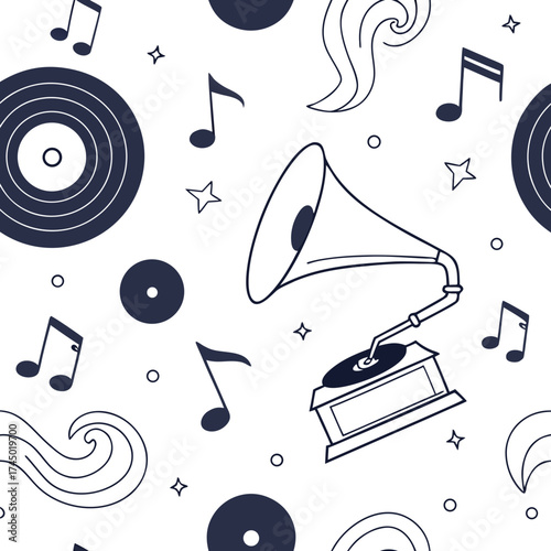 A delightful seamless pattern featuring vintage gramophone musical notes vinyl records and abstract wavy lines in a charming doodle style