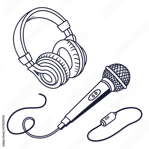 A hand drawn outline illustration of a pair of headphones and a microphone with a cord on a white background