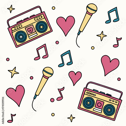 Retro boombox and microphone pattern with musical notes and hearts for a fun and energetic vibe