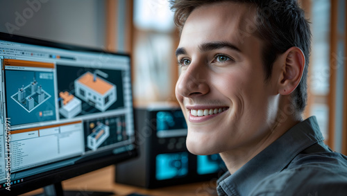Male technical draughtsman in half profile is smiling in front of a large monitor with CAD software and technical drawings generative AI