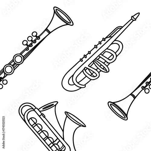 A collection of classic wind instruments including a clarinet saxophone and trumpet in a clean black and white line art style on a white background