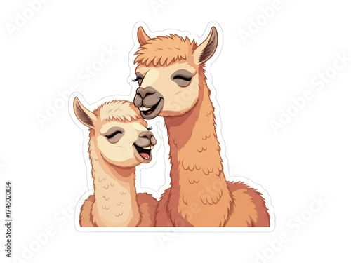 Two cheerful llamas smiling together in a playful scene
