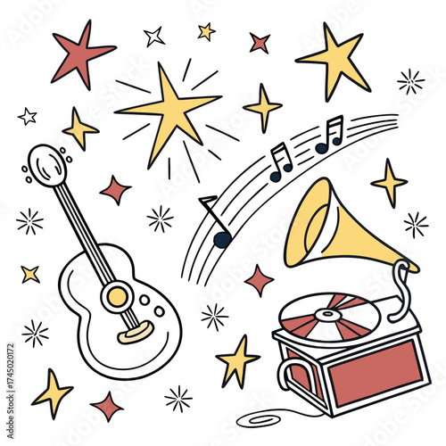 A whimsical collection of musical elements including a guitar vintage record player musical notes and sparkling stars in a playful doodle style