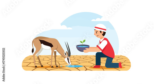 Boy offers water to thirsty gazelle in arid land.