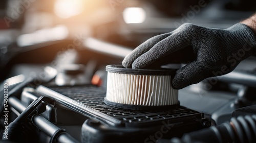 Close-up: Mechanic's Gloved Hand Installing a New Air Filter in a Car Engine