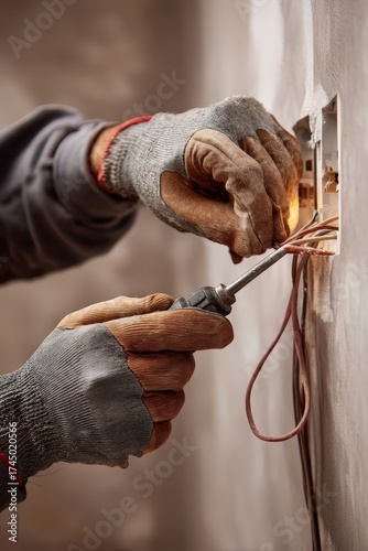 Electrician's hands in safety gloves installing or repairing an electrical outlet, connecting
