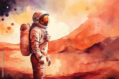 Astronaut in Space and Mars Watercolor Sci-Fi Illustration Space Exploration Clipart Perfect for science fiction designs, educational materials, poster