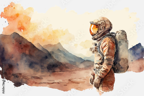 Astronaut in Space and Mars Watercolor Sci-Fi Illustration Space Exploration Clipart Perfect for science fiction designs, educational materials, poster