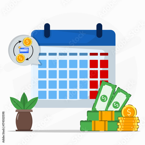 Money payment date schedule or agenda concept. Cash or online transfer of payment. Schedule reminder notice of payday. Budget or financial planning.