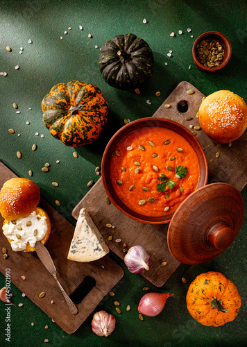 Creamy autumn pumpkin soup with pumpkin seeds, bakery buns, blue cheese, and fresh garlic on rustic wooden board, cozy seasonal comfort food, warm festive daylight mood