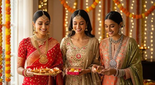 Three indian women in traditional attire holding oil lamp plate