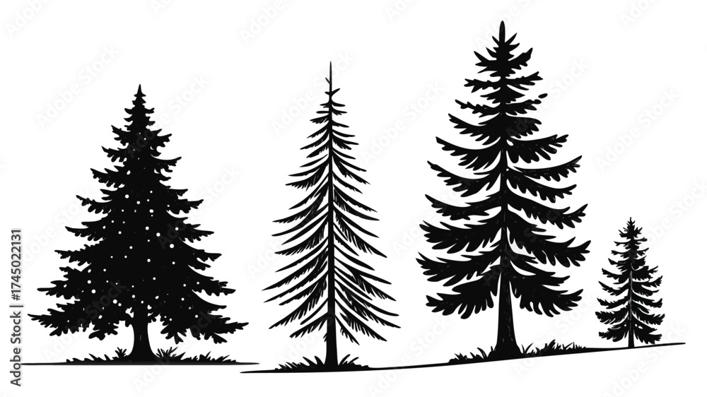 Obraz premium chrismas Pine tree silhouette vector set, evergreen forest trees illustration isolated on white background