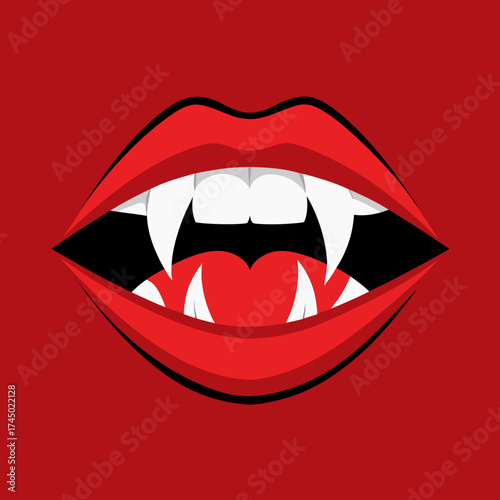 Red lips with sharp vampire fangs on a red background