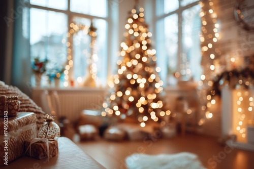 Blurred Christmas Living Room Interior in Cozy Brown Tones