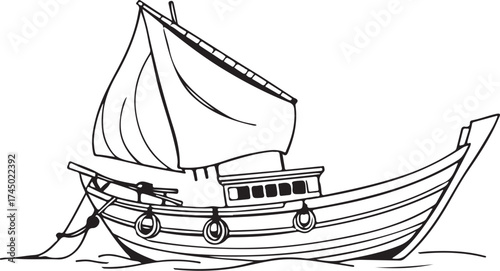 Fishing Boat Hand-drawn Sketch Drawing Vector Illustration, Line Linear Symbol Engraving Coloring Book, Black and White Isolated