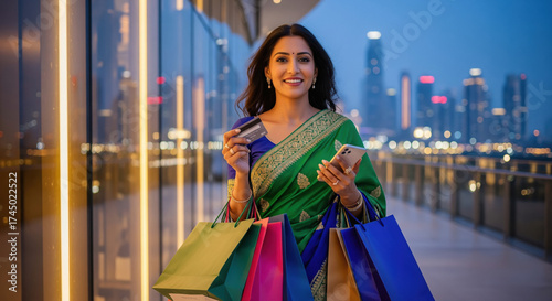 a modern woman in a green and blue saree shopping in a city, holding shopping bags, a card, and a smartphone